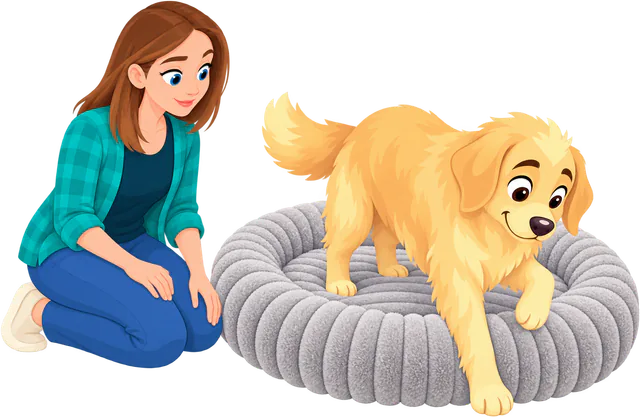Illustrated golden retriever stepping out over the bolster of a grey corduroy WOOPF™ Furry Corduroy Round Bed while a kneeling woman watches