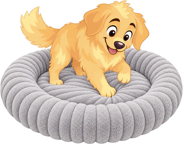 Illustrated golden retriever puppy pawing at the cushion of a grey corduroy WOOPF™ Furry Corduroy Round Bed
