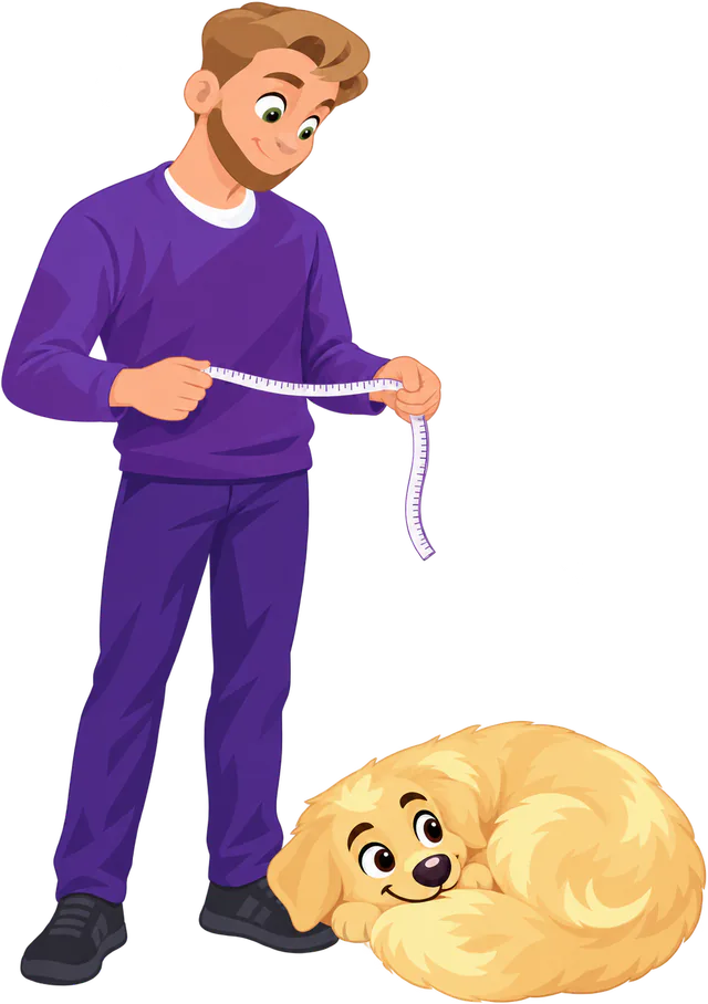 Illustrated man in a purple jumper holding a tape measure over a golden retriever puppy curled in a ball at his feet