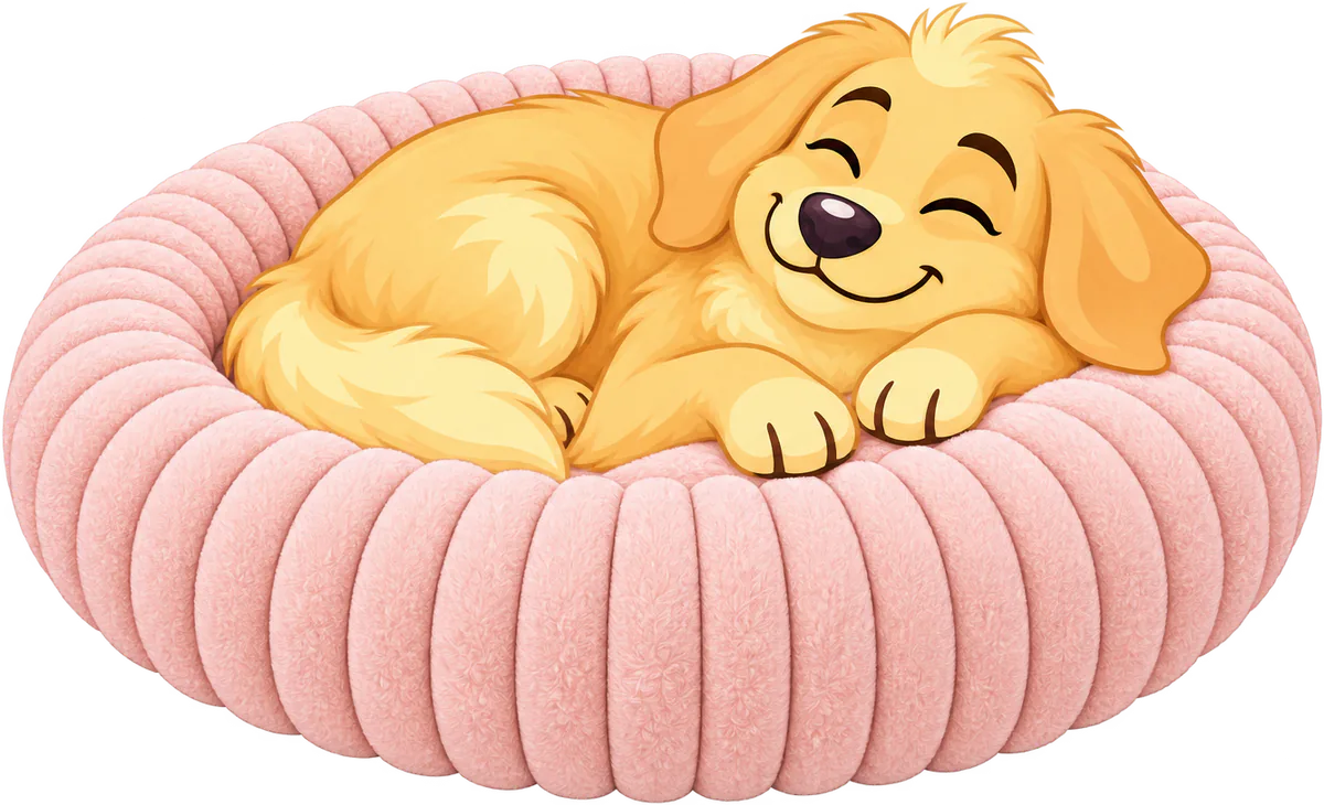 Illustrated golden retriever puppy asleep, curled in a pale pink corduroy WOOPF™ Furry Corduroy Round Bed
