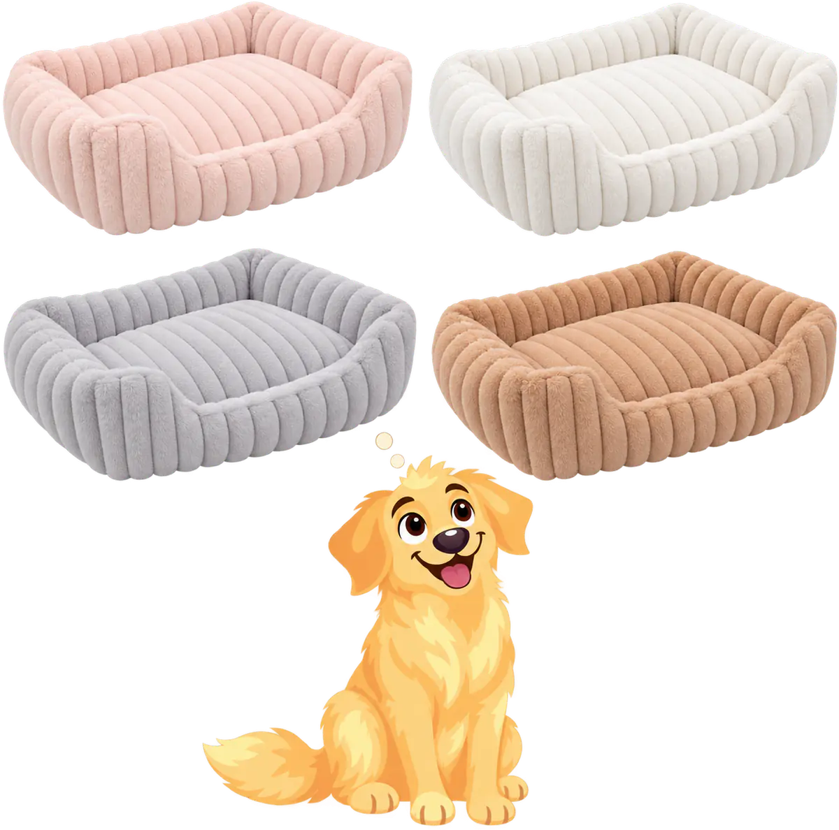 Illustrated smiling puppy looking up at four WOOPF™ Furry Corduroy Open Front Rectangle Beds in pale pink, white, grey and brown