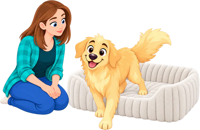 Illustrated puppy stepping into a white Furry Corduroy Open Front Rectangle Bed while its owner watches