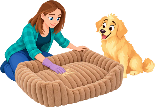 Illustrated rubber glove lifting hair off the corduroy of a brown Furry Corduroy Open Front Rectangle Bed