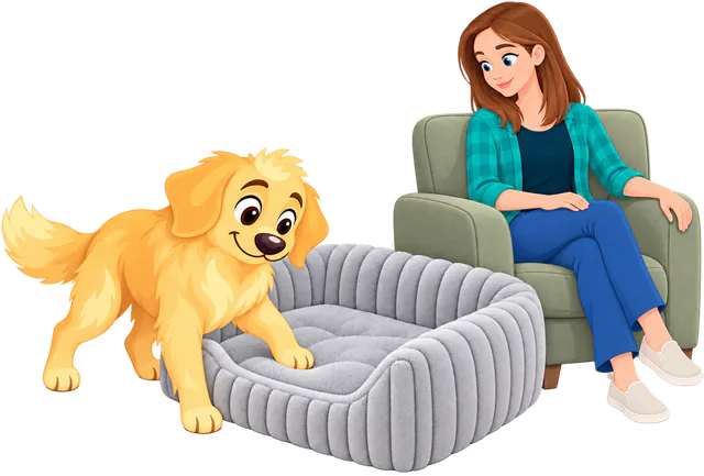 Illustrated puppy at the low front of a grey Furry Corduroy Open Front Rectangle Bed while its owner sits in an armchair