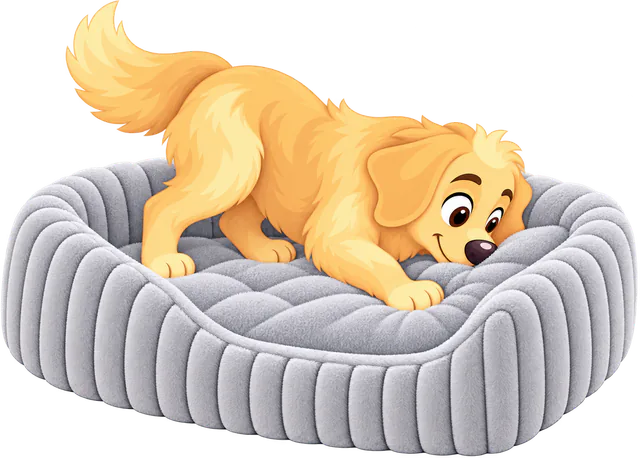 Illustrated puppy nosing into the fur cushion of a grey Furry Corduroy Open Front Rectangle Bed