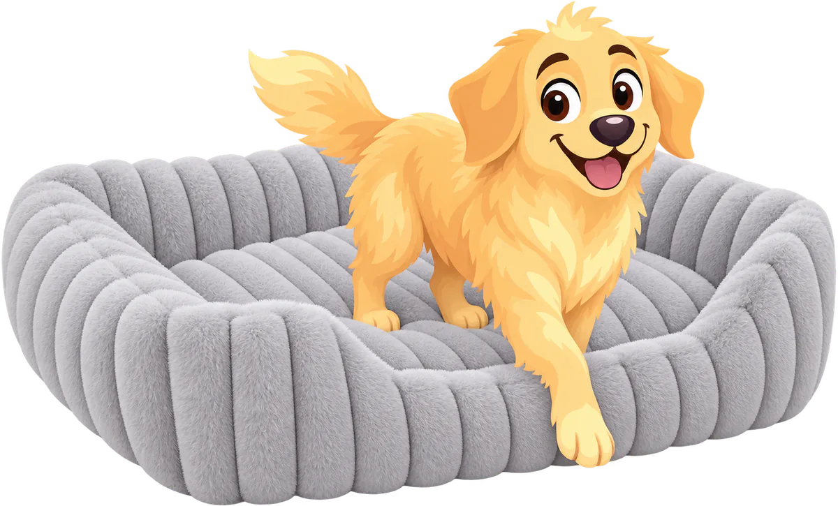 Illustrated puppy stepping over the low front of a grey WOOPF™ Furry Corduroy Open Front Rectangle Bed, three corduroy walls behind it