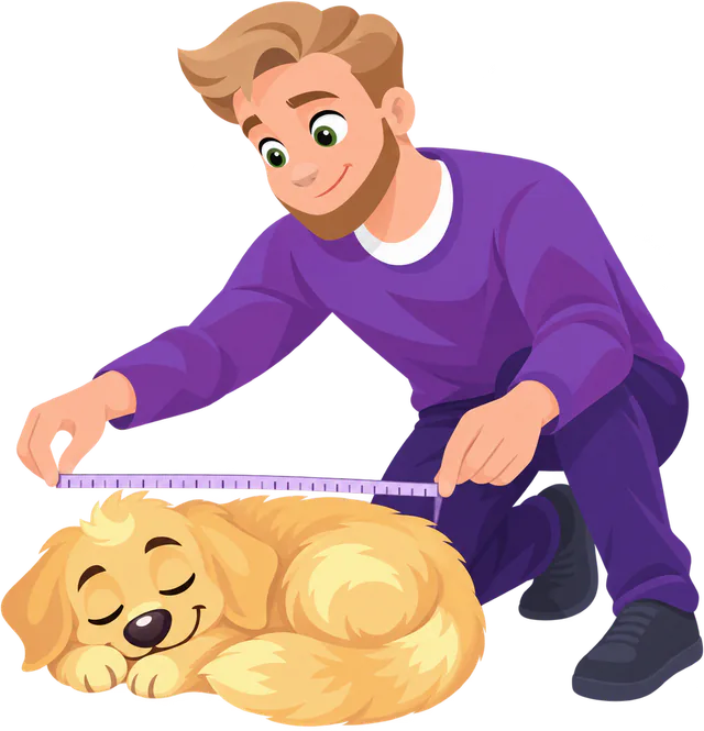 Illustrated woman running a tape measure nose to tail along a puppy asleep curled in a ball