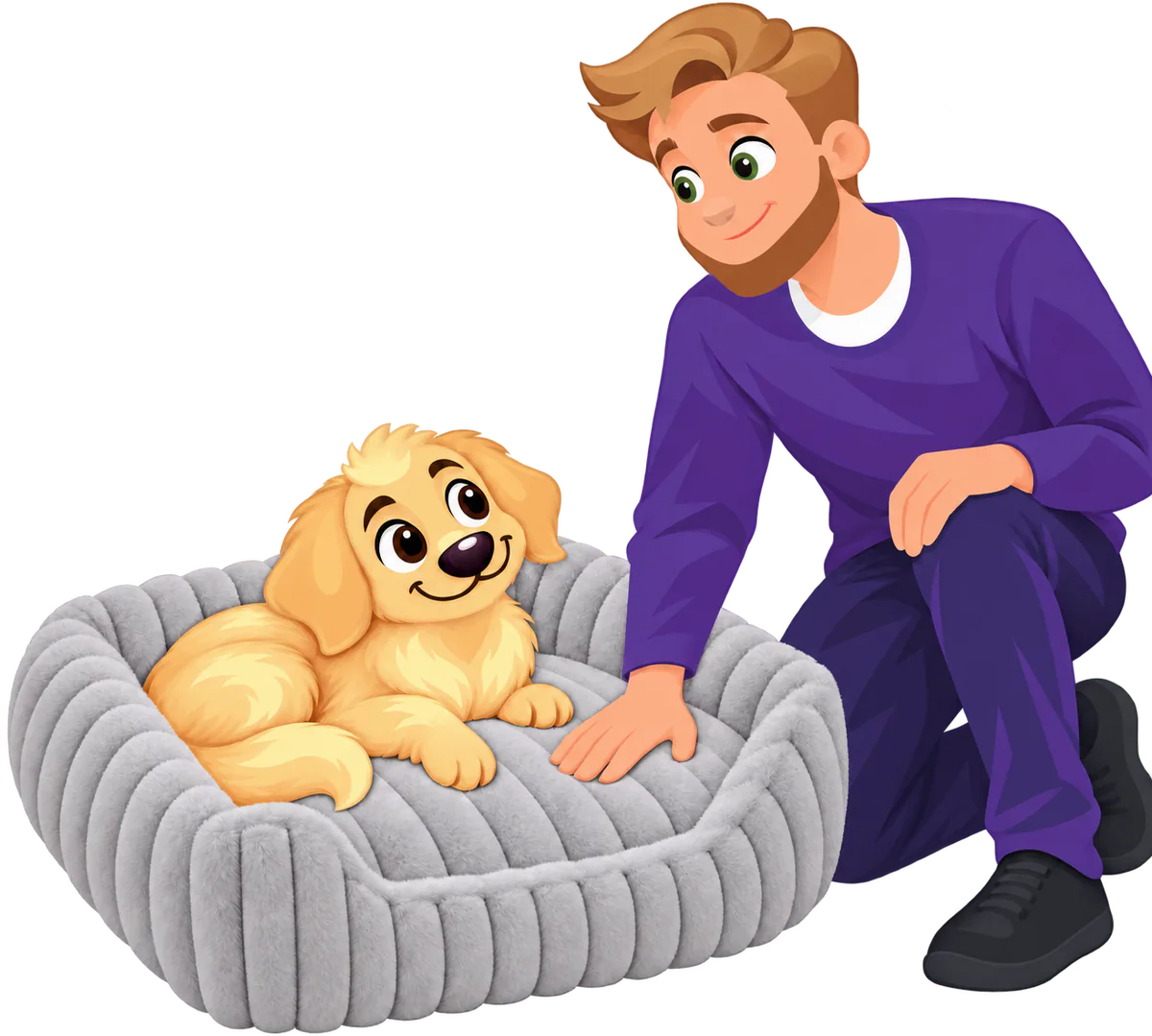 Illustrated man kneeling beside a puppy sitting in a grey WOOPF™ Furry Corduroy Open Front Rectangle Bed