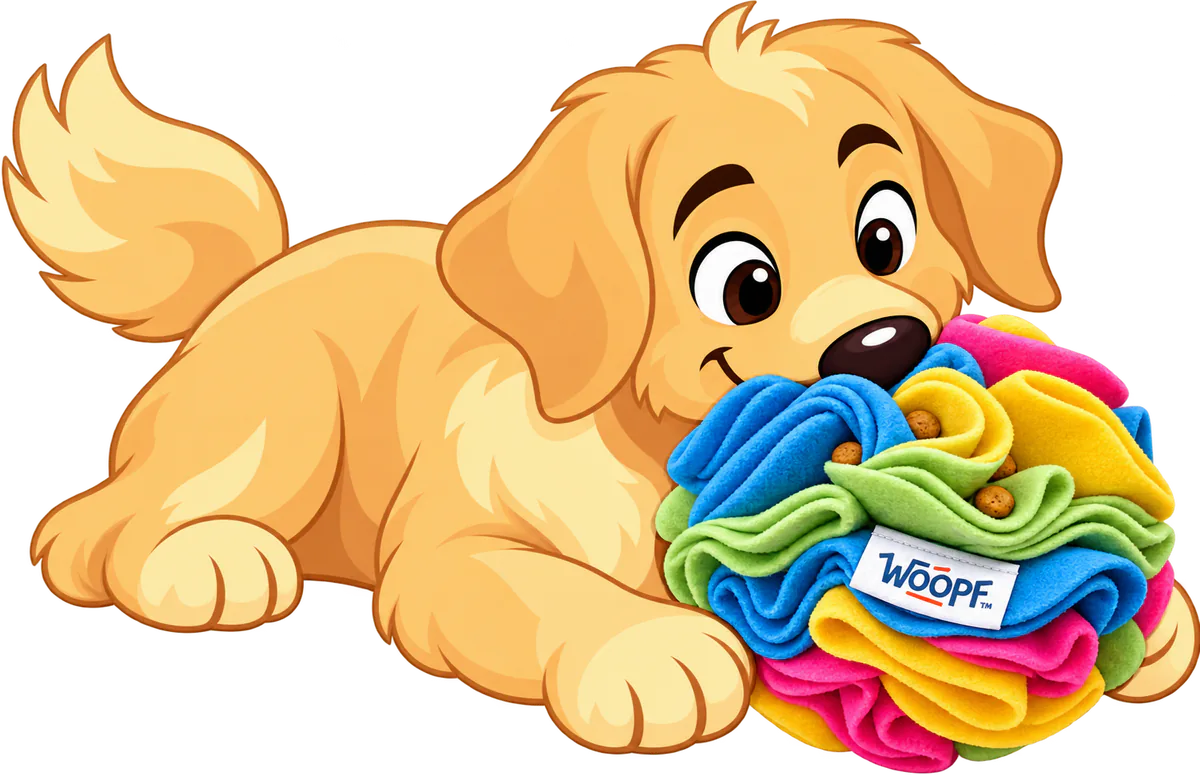 Illustrated golden retriever puppy nosing kibble out of the folds of a rainbow snuffle ball