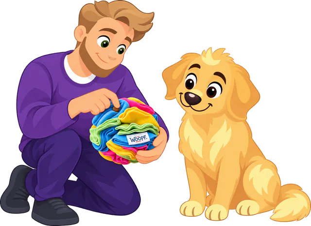 Illustrated owner tucking kibble into a rainbow snuffle ball in his hands while a golden retriever puppy watches