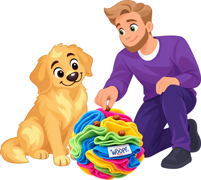 Illustrated owner placing treats on top of a rainbow snuffle ball while a golden retriever puppy watches