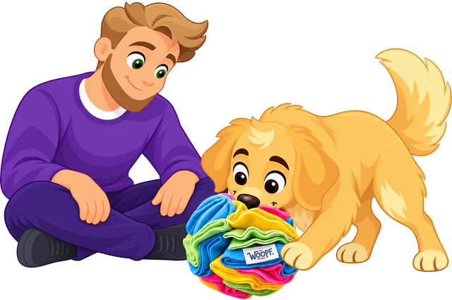 Illustrated owner sitting beside a golden retriever puppy while it noses a rainbow snuffle ball