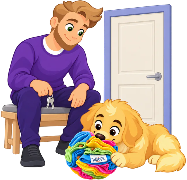 Illustrated owner with his keys by the front door while a golden retriever puppy noses a rainbow snuffle ball