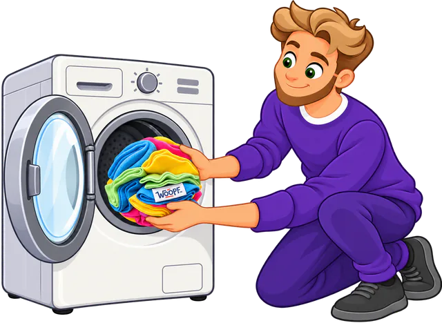 Illustrated owner loading a rainbow snuffle ball into a washing machine