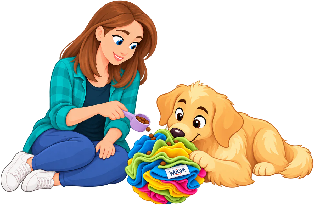 Illustrated owner scooping kibble into a rainbow snuffle ball while a golden retriever puppy noses it