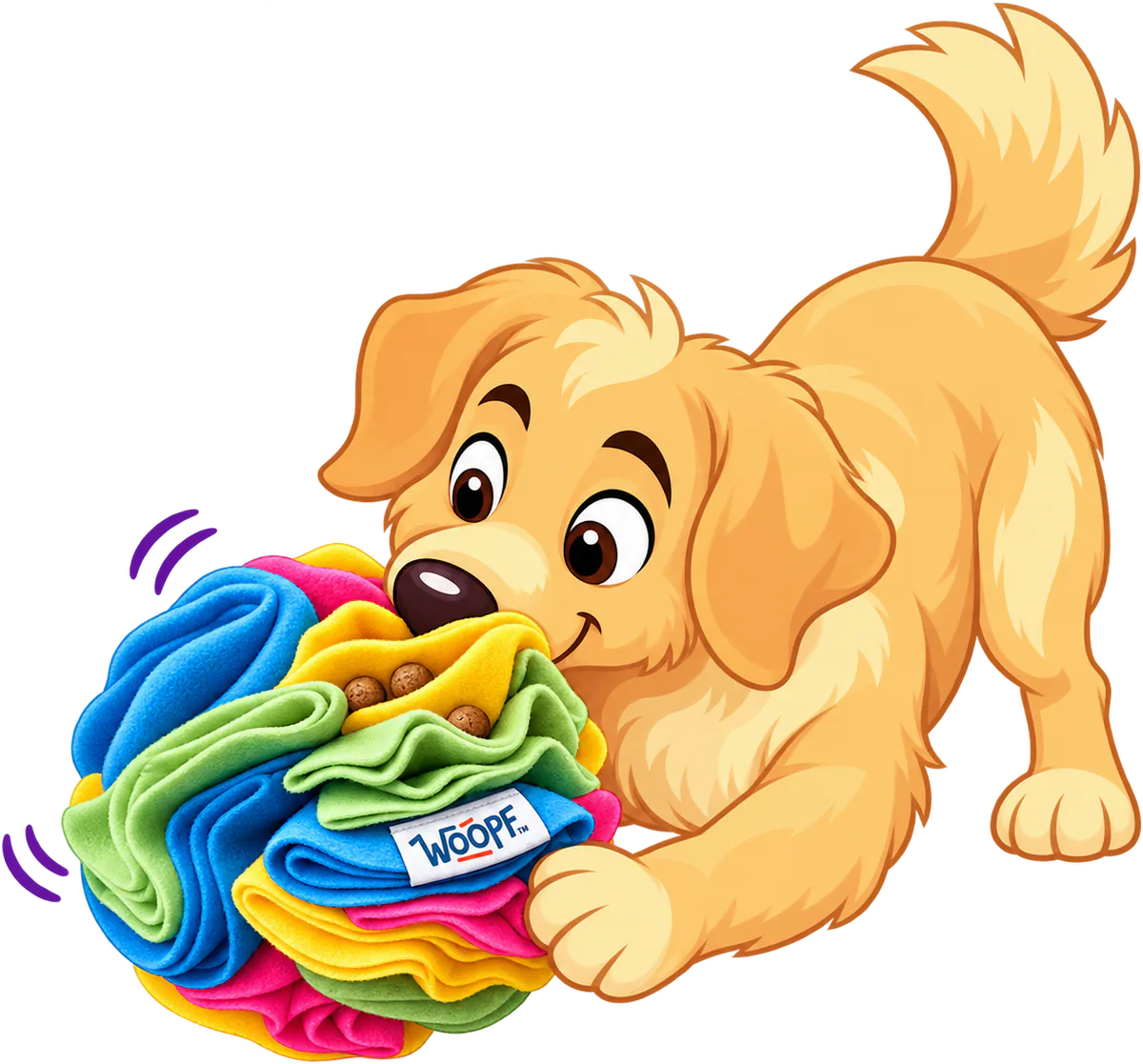 Illustrated golden retriever puppy nosing kibble from the folds of a rainbow snuffle ball, with sound lines beside it