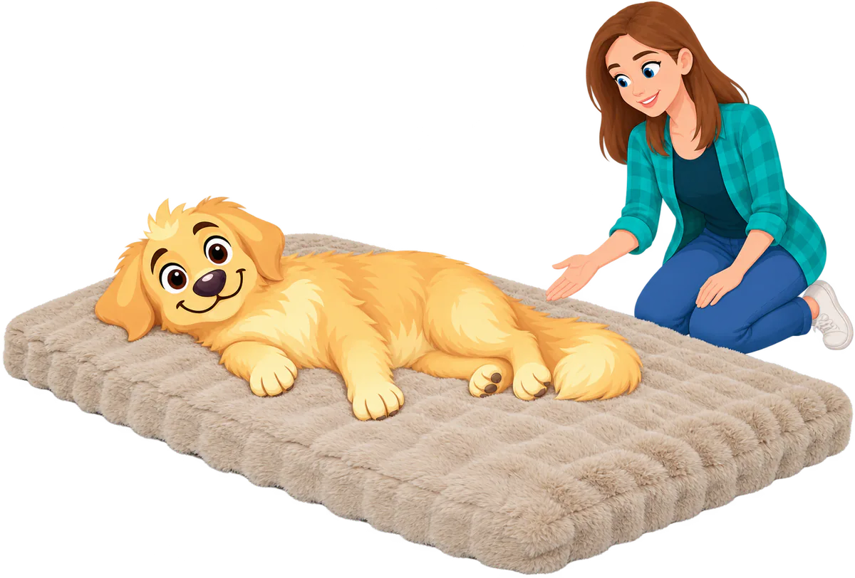 Illustrated golden retriever puppy lying stretched out on a thick cream WOOPF™ Furry Curves Sleeping Mat while a kneeling woman reaches towards it