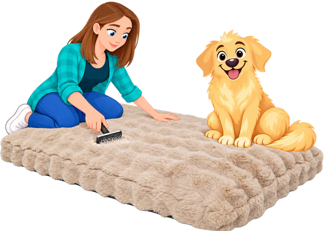 Illustrated woman kneeling to brush the fur of a cream Furry Curves Sleeping Mat with a slicker brush while a golden retriever sits on it