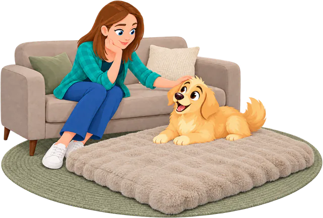 Illustrated woman on a couch stroking a golden retriever puppy lying on a cream Furry Curves Sleeping Mat on a round rug