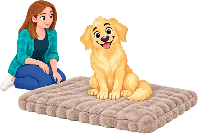 Illustrated woman kneeling to watch a golden retriever sitting up on a cream Furry Curves Sleeping Mat