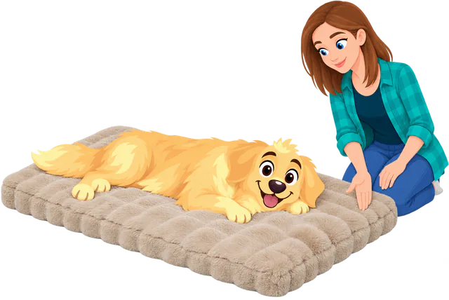 Illustrated woman kneeling beside a golden retriever lying stretched out on its side on a cream Furry Curves Sleeping Mat