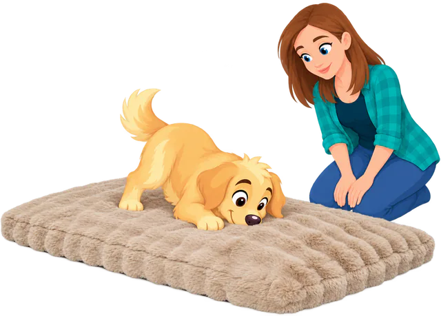 Illustrated golden retriever puppy, tail up, pushing its nose into the bumpy fur of a cream Furry Curves Sleeping Mat while a kneeling woman watches
