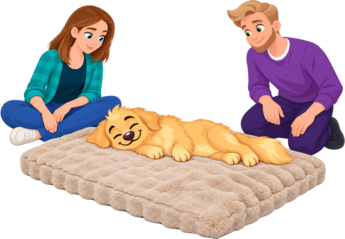 Illustrated woman sitting cross-legged and a man kneeling beside a golden retriever puppy asleep stretched out on a cream WOOPF™ Furry Curves Sleeping Mat