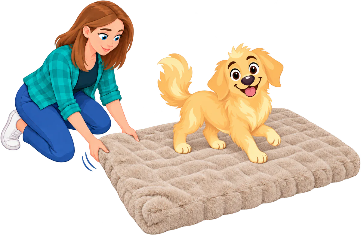 Illustrated woman kneeling to pull at the corner of a cream WOOPF™ Furry Curves Sleeping Mat as a golden retriever puppy steps across it