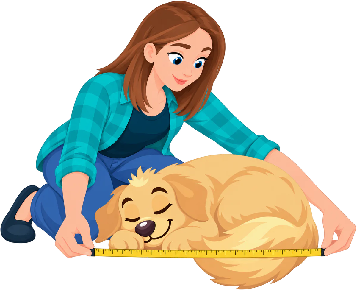 Illustrated woman kneeling to run a yellow tape measure along a golden retriever curled up asleep, nose to tail, to size a WOOPF™ Furry Curves Rectangle Bed by the curl