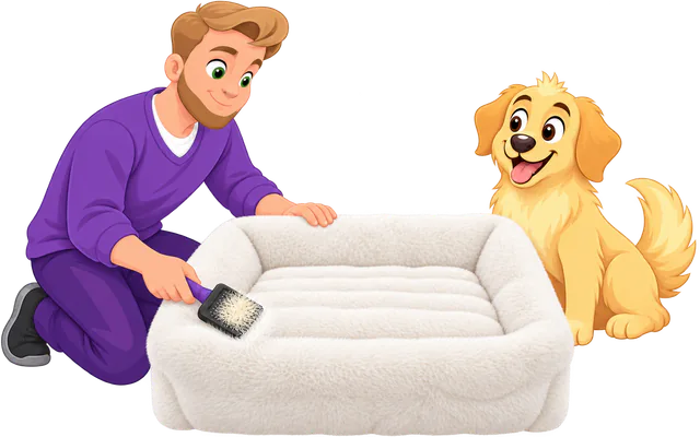 Illustrated man kneeling to brush the fur rim of a white Furry Curves Rectangle Bed with a slicker brush while a golden retriever sits and watches