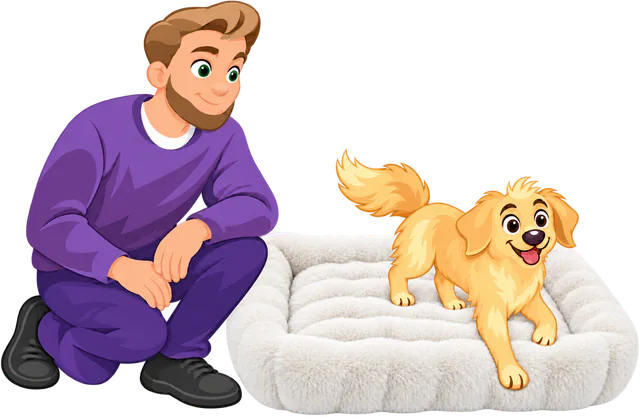 Illustrated man crouching to watch a golden retriever step out over the rim of a white Furry Curves Rectangle Bed