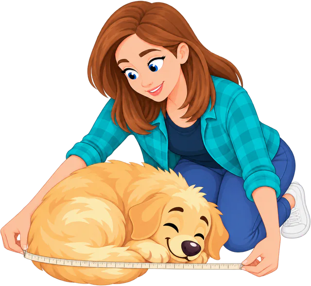 Illustrated woman kneeling to run a tape measure along a golden retriever curled up asleep, nose to tail