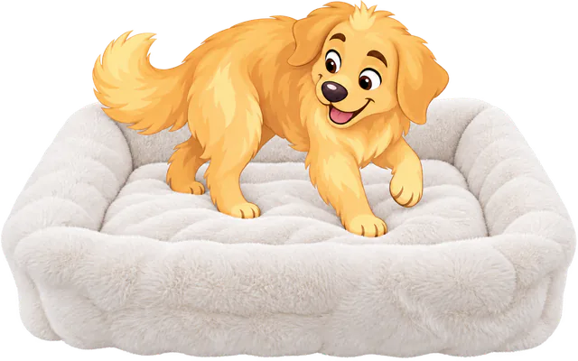 Illustrated golden retriever turning on the fur cushion of a white Furry Curves Rectangle Bed, one front paw lifted
