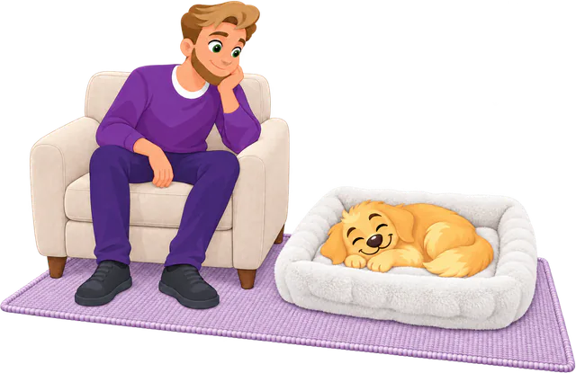 Illustrated golden retriever asleep in a white Furry Curves Rectangle Bed on a rug, beside a man in an armchair