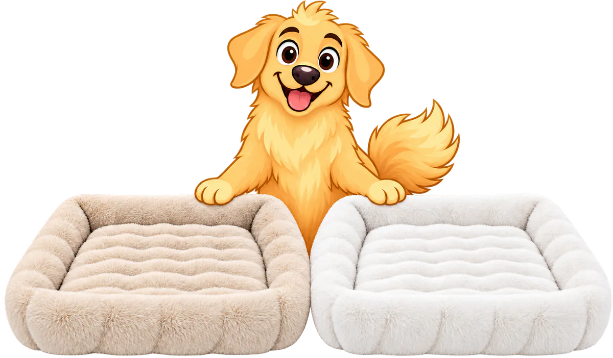 Illustrated golden retriever standing behind a cream and a white WOOPF™ Furry Curves Rectangle Bed, a front paw on the rim of each