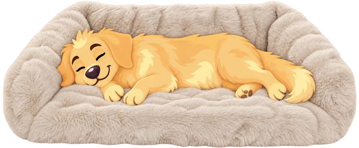 Illustrated golden retriever puppy asleep stretched out along the back bolster of a cream WOOPF™ Furry Curves Open Front Rectangle Bed