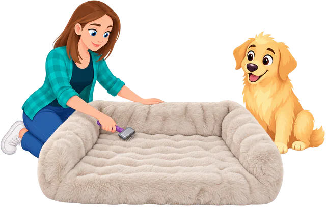 Illustrated woman kneeling to brush the fur of a cream Furry Curves Open Front Rectangle Bed with a slicker brush while a golden retriever puppy watches