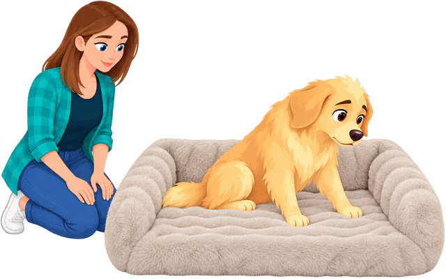 Illustrated woman kneeling to watch a golden retriever puppy sitting in a cream Furry Curves Open Front Rectangle Bed
