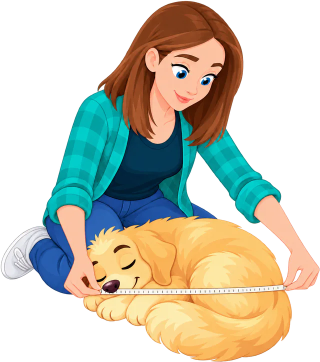 Illustrated woman kneeling to run a tape measure from the nose of a golden retriever puppy asleep curled in a ball