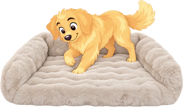 Illustrated golden retriever puppy pawing at the fur cushion of a cream Furry Curves Open Front Rectangle Bed