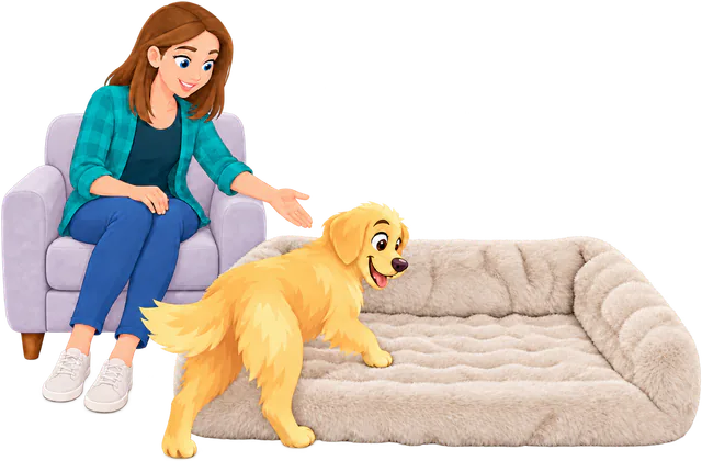 Illustrated woman in an armchair waving a golden retriever puppy into a cream Furry Curves Open Front Rectangle Bed over its low front