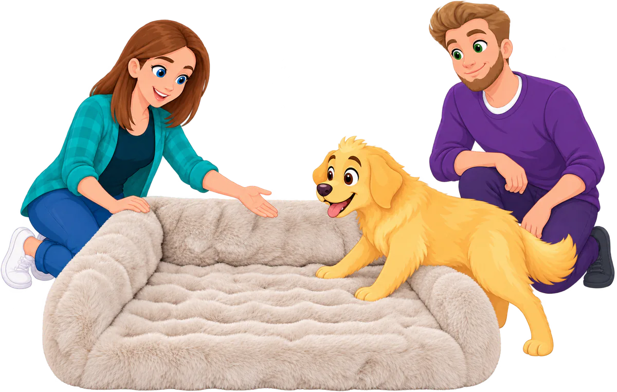 Illustrated woman and man kneeling either side of a cream WOOPF™ Furry Curves Open Front Rectangle Bed as a golden retriever puppy steps into it