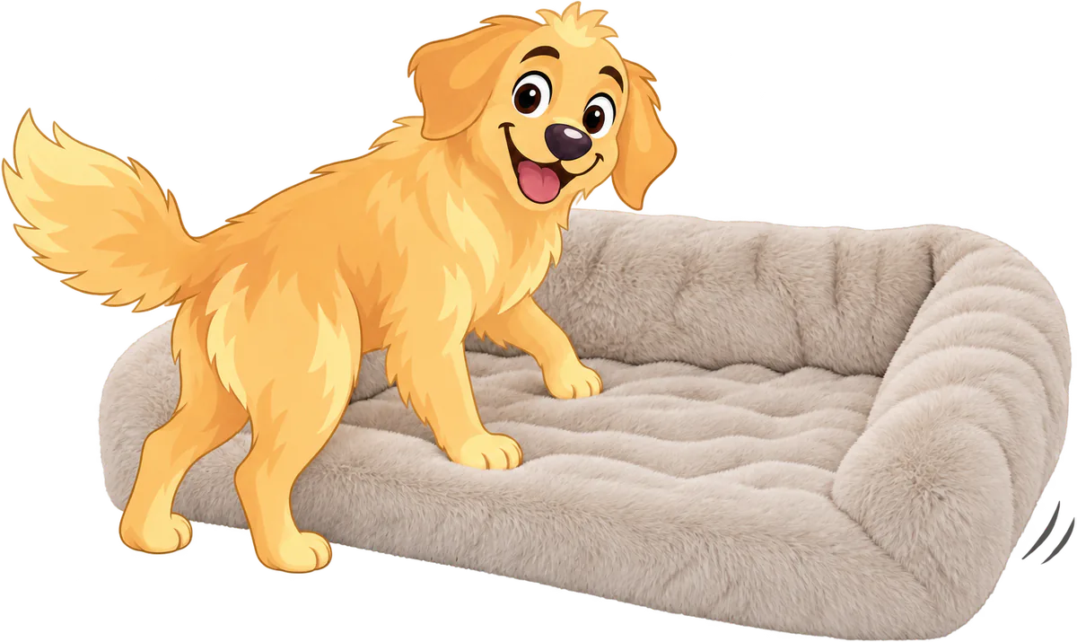 Illustrated golden retriever puppy stepping onto the front of a cream WOOPF™ Furry Curves Open Front Rectangle Bed as the bed slides on the floor