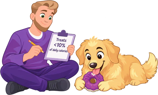 A man in a purple jumper sits cross-legged with a clipboard about treat calories while a golden retriever licks a purple Chewster Donut beside him.