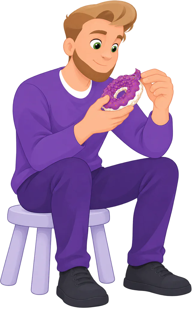 A man in a purple jumper sits on a stool and looks closely at the edge of a purple Chewster Donut.