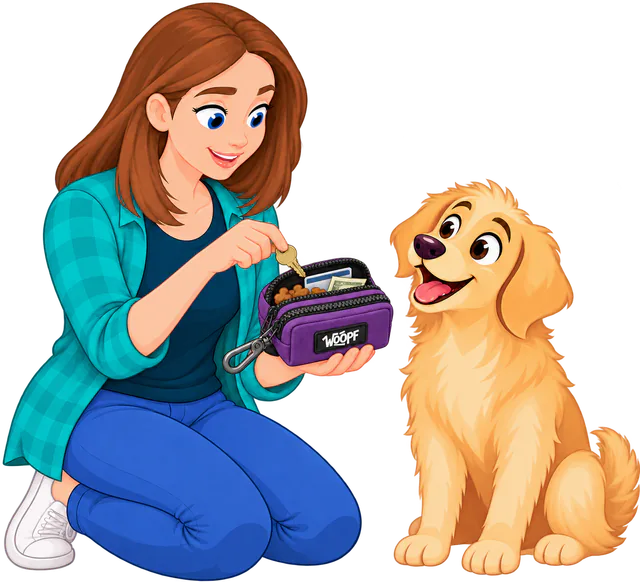 Illustrated woman putting a key into the back pocket of the Purple Explorer Dual Pocket Pouch beside treats, a card and cash, a golden retriever watching