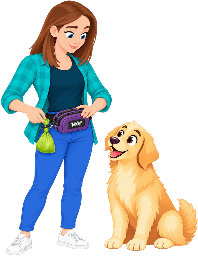 Illustrated woman wearing the Purple Explorer Dual Pocket Pouch at her waist, a tied bag hanging on its side hook and a golden retriever looking up