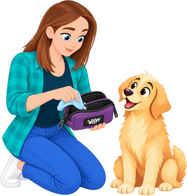 Illustrated woman wiping out the open pockets of the Purple Explorer Dual Pocket Pouch with a cloth, a golden retriever watching