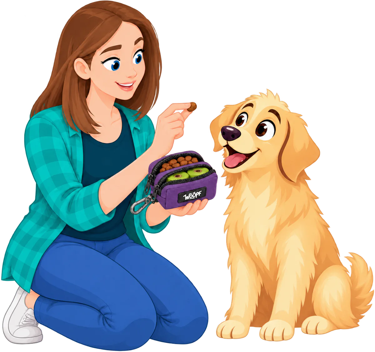 Illustrated woman kneeling with the Purple Explorer Dual Pocket Pouch open on treats and two bag rolls, holding a treat out to a golden retriever
