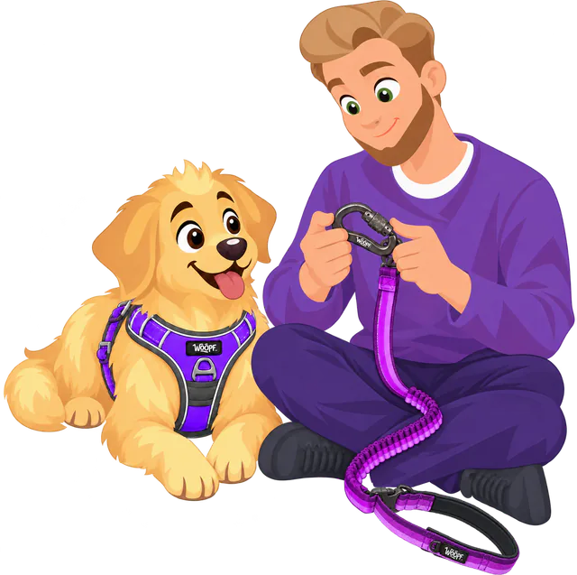 A man in a purple jumper sits cross-legged and checks the screw-gate clip of a purple Explorer Bungee Leash, the bungee section and padded handle across his lap, a golden retriever in a purple WOOPF™ harness lying beside him.
